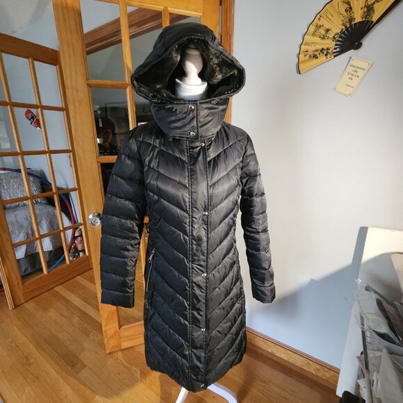 Nine West Faux Fur Collar & Hood Chevron Puffer Coat Jacket Parka Black Sz Small - Picture 6 of 13